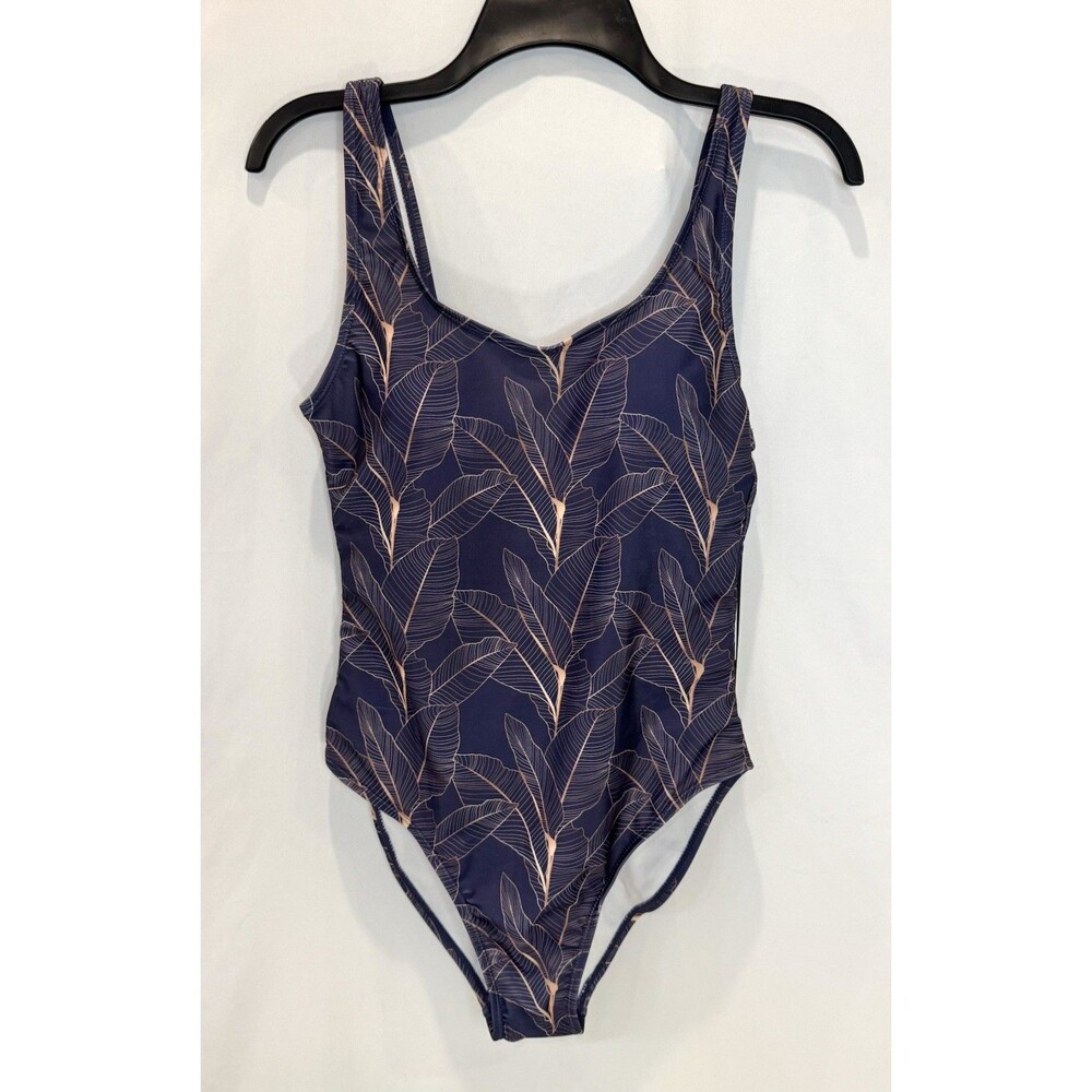 Nicole Miller Women's One Piece Swimsuit M Navy Blue Gold Leaf Print Scoop Back